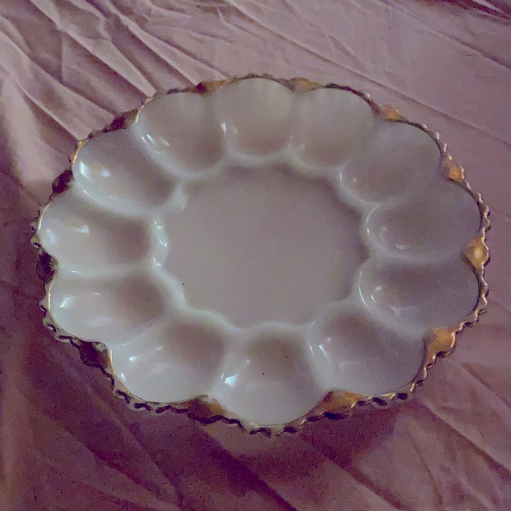 Vintage Milk Glass Deviled egg plate 24k gold trim